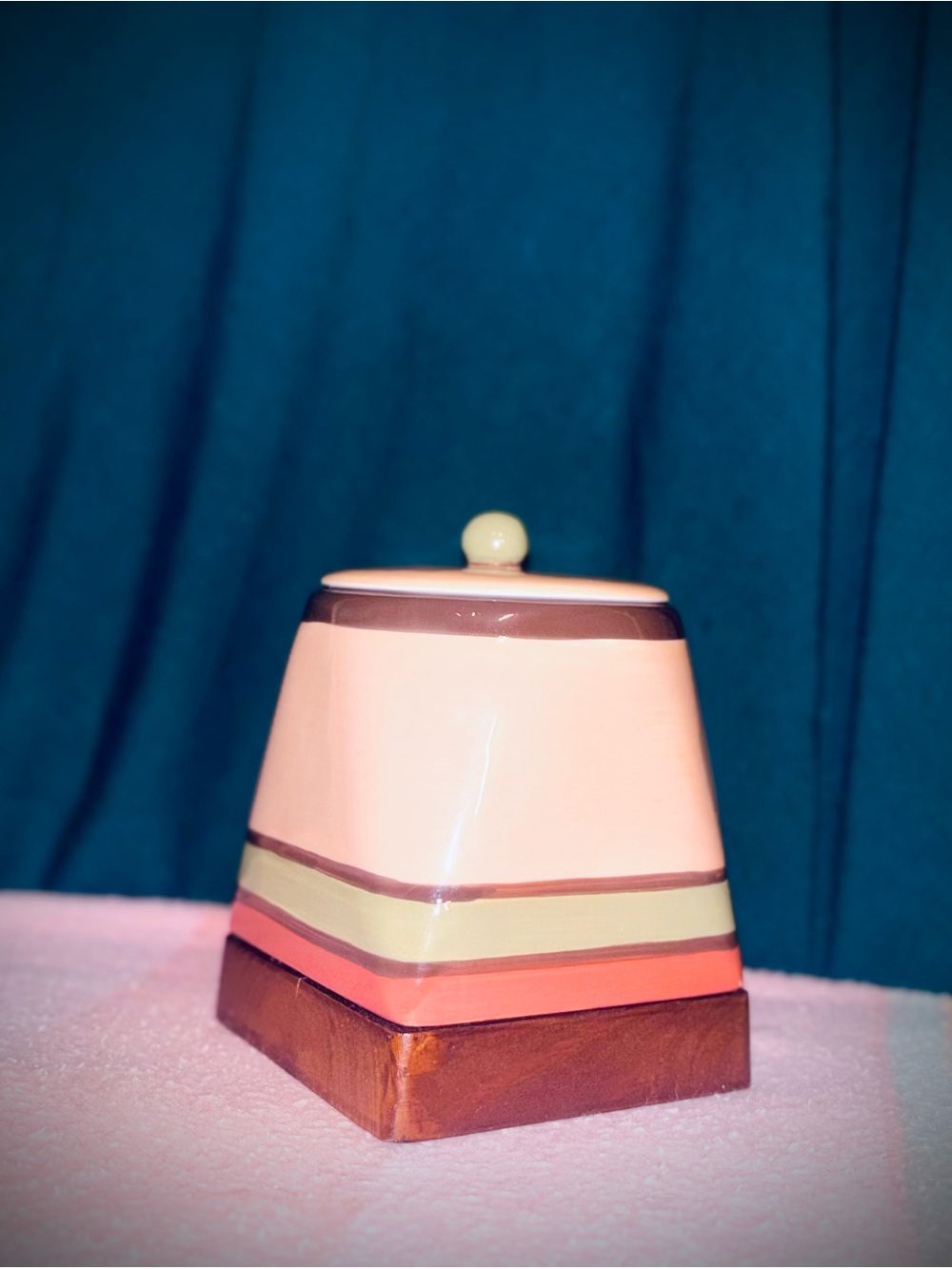 Vtg Retro-Style 2pc Abbey Hill Striped Ceramic Canister w/Teak Base